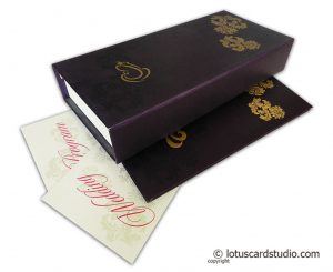 Box Wedding Card in Purple with Golden Floral Design