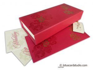 Box Wedding Card in Rose Pink with Golden Floral Design