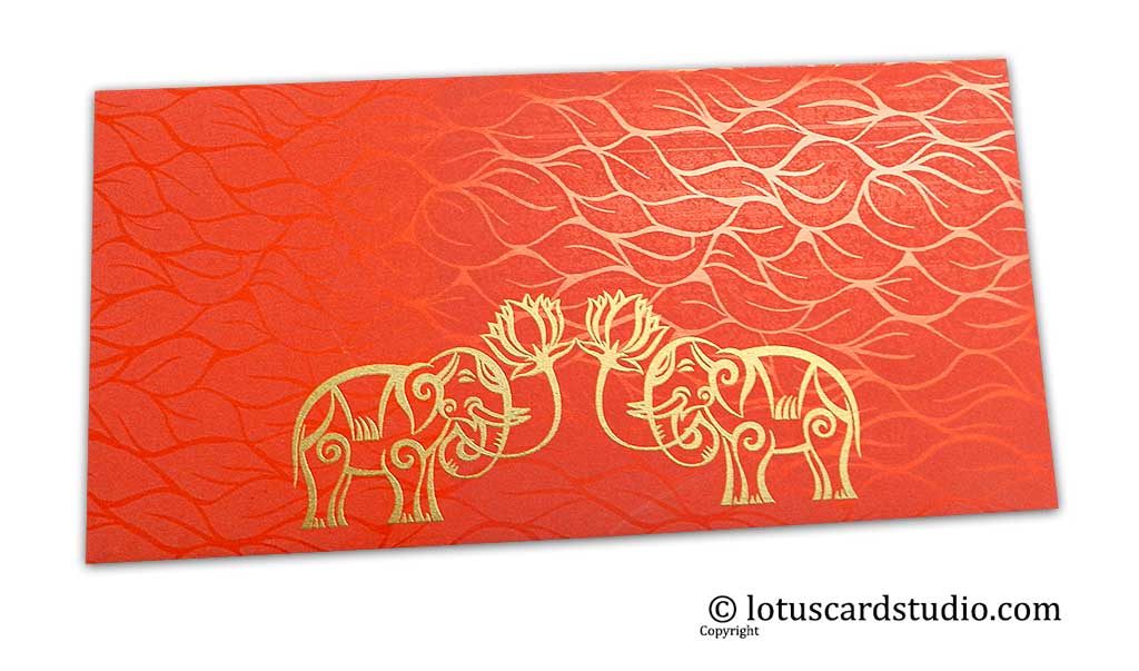 Vibrant Foil Metallic Orange Money Envelope with Golden Elephants