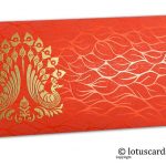 Vibrant Foil Metallic Orange Money Envelope with Golden Peacocks