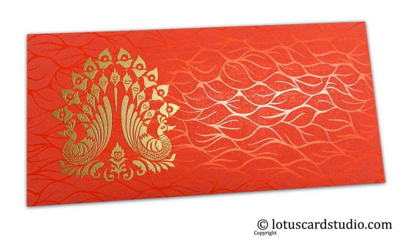 Vibrant Foil Metallic Orange Money Envelope with Golden Peacocks