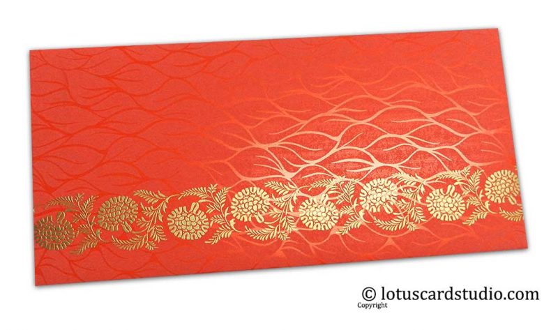 Vibrant Foil Metallic Orange Shagun Envelope with Golden Floral Vine