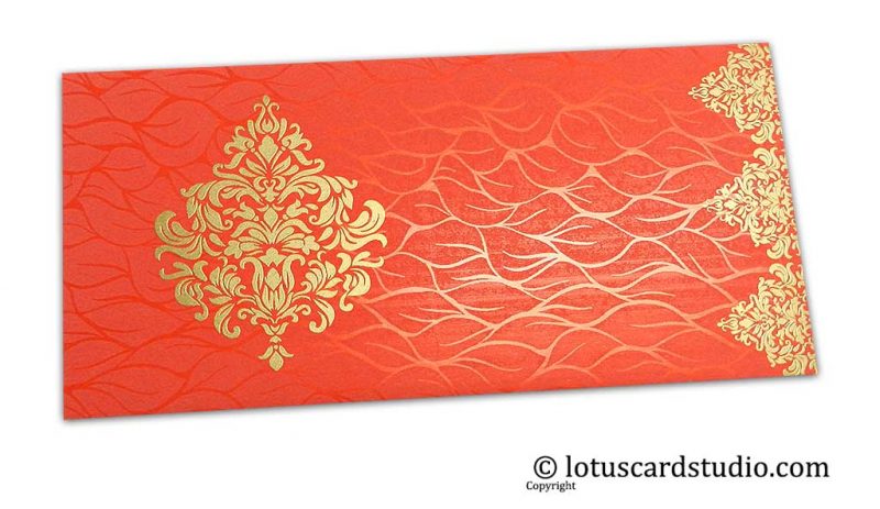 Vibrant Foil Metallic Orange Shagun Envelope with Golden Victorian Floral