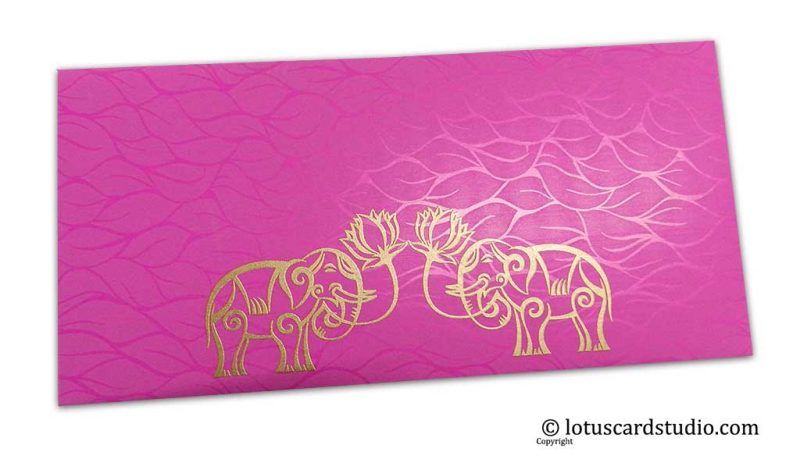 Vibrant Foil Metallic Pink Money Envelope with Golden Elephants