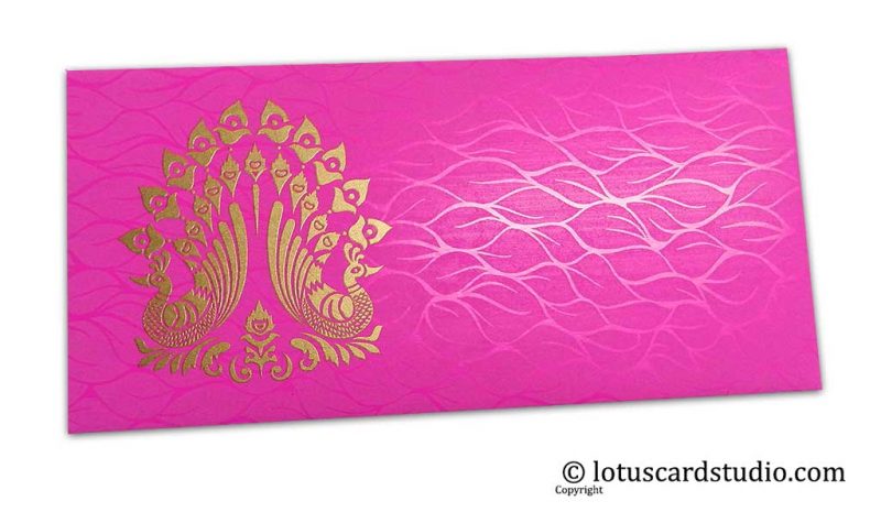 Vibrant Foil Metallic Pink Money Envelope with Golden Peacocks
