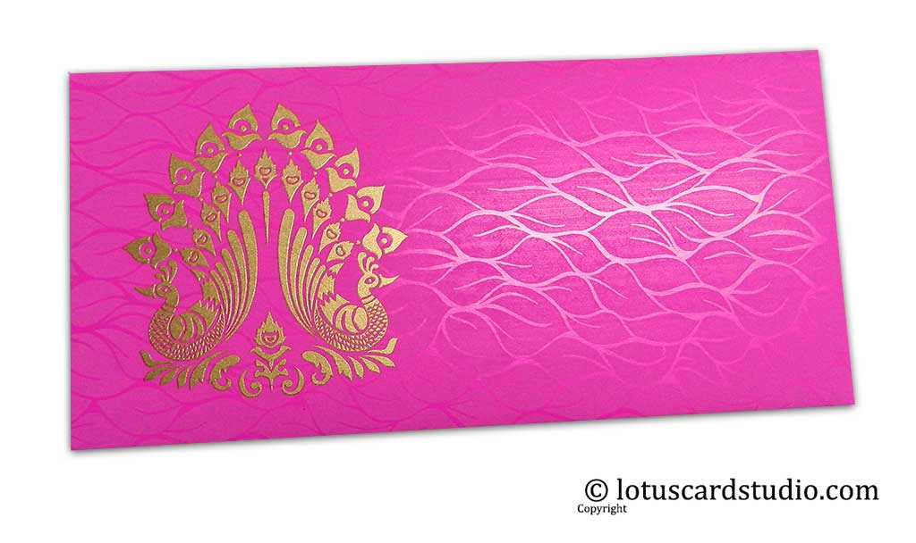 Vibrant Foil Metallic Pink Money Envelope with Golden Peacocks