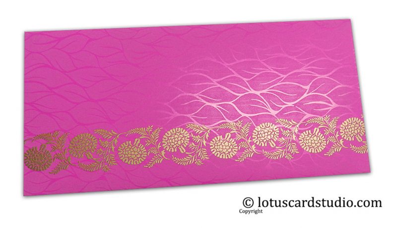 Vibrant Foil Metallic Pink Shagun Envelope with Golden Floral Vine