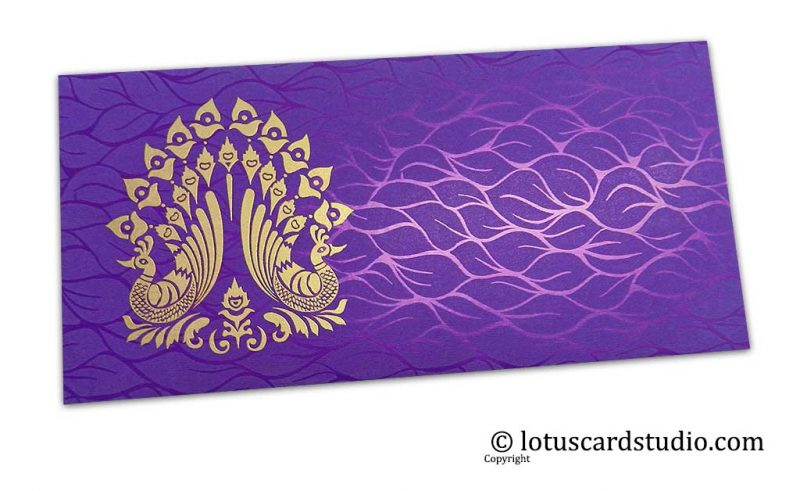 Vibrant Foil Metallic Purple Money Envelope with Golden Peacocks