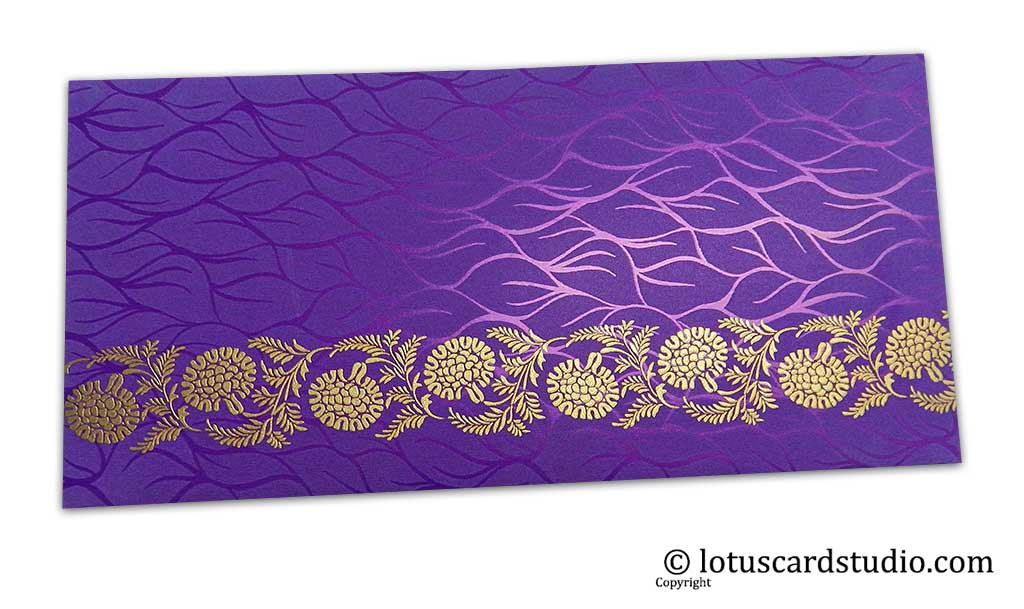 Vibrant Foil Metallic Purple Shagun Envelope with Golden Floral Vine