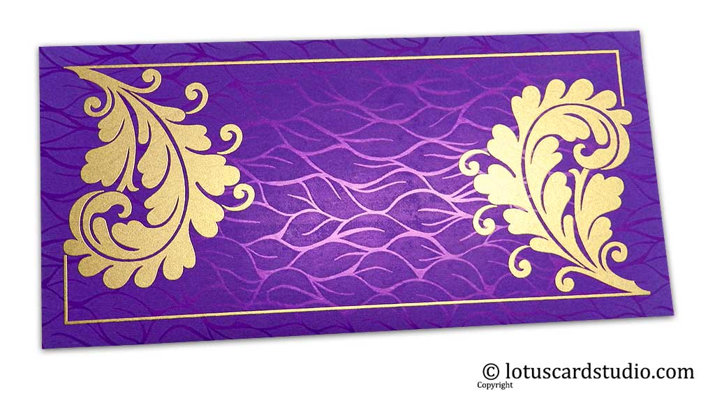 Wedding Money Envelopes in Vibrant Foil Metallic Purple with Golden Curly Vine