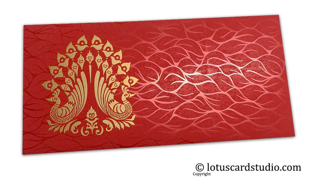 Vibrant Foil Metallic Red Money Envelope with Golden Peacocks