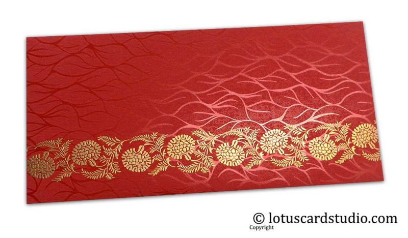 Vibrant Foil Metallic Red Shagun Envelope with Golden Floral Vine