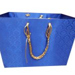 Front view of Blue Satin Gift Bag with Golden Silk Rope