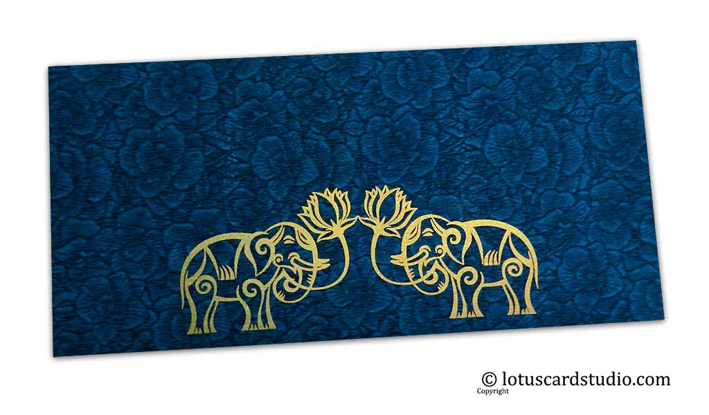 Blue Flower Flocked Money Envelope with Golden Elephants