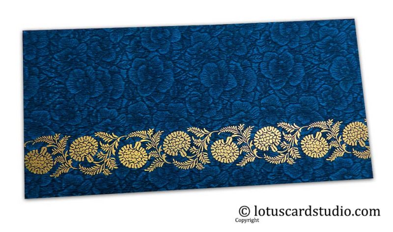 Blue Flower Flocked Money Envelope with Golden Floral Vine