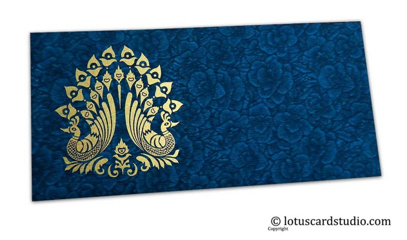 Blue Flower Flocked Shagun Envelope with Golden Peacocks