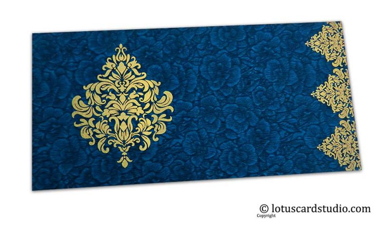 Blue Flower Flocked Shagun Envelope with Golden Victorian Floral