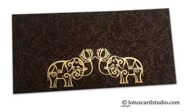 Brown Flower Flocked Money Envelope with Golden Elephants