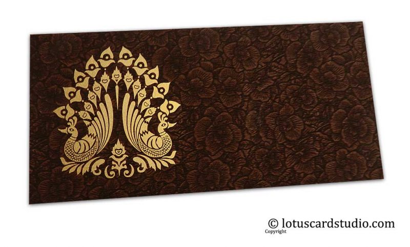 Brown Flower Flocked Shagun Envelope with Golden Peacocks