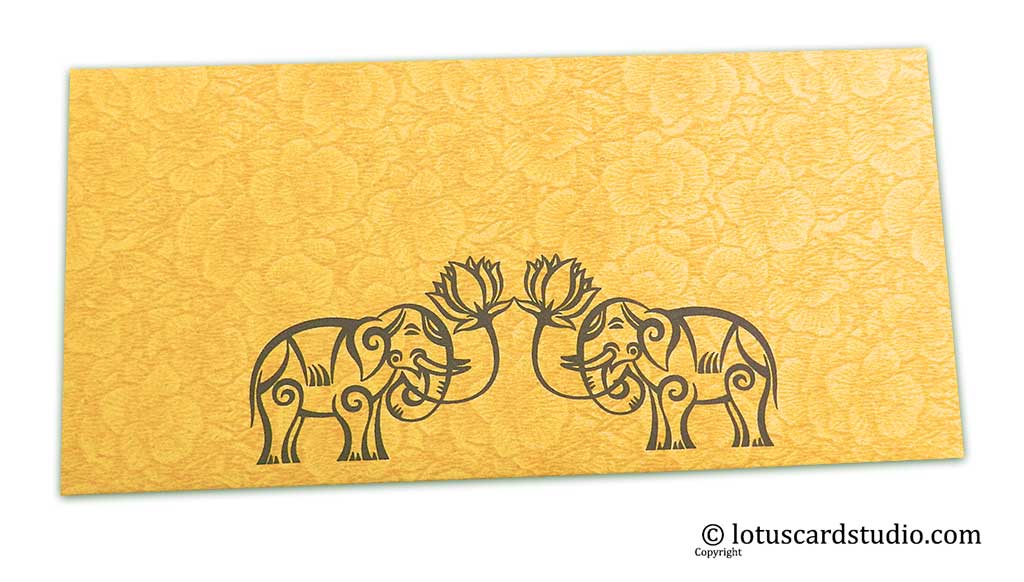 Golden Beige Flower Flocked Money Envelope with Grey Elephants