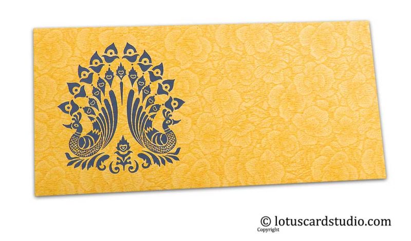 Golden Beige Flower Flocked Shagun Envelope with Blue Peacocks