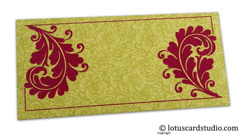 Green Flower Flocked Money Envelope with Reddish Pink Curly Vine