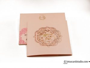 Lasert Cut Wedding Invitation in Peach and Golden Hot Foil