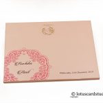 Envelope front of Lasert Cut Wedding Invitation in Peach and Golden Hot Foil