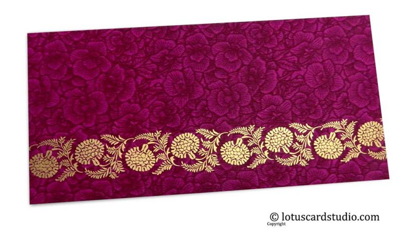 Magenta Flower Flocked Money Envelope with Golden Floral Vine