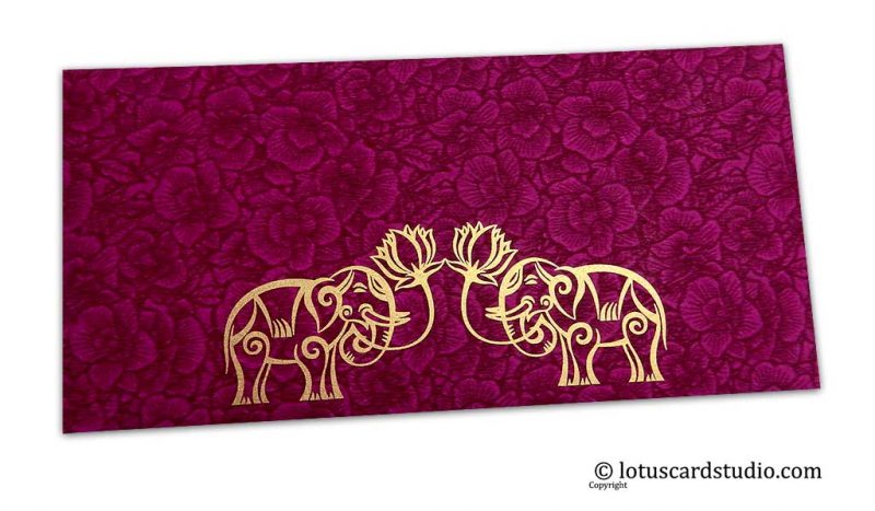 Magenta Flower Flocked Money Envelope with Golden Elephants