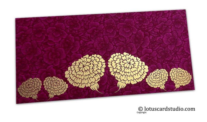 Magenta Flower Flocked Money Envelope with Golden Dahlia Flowers