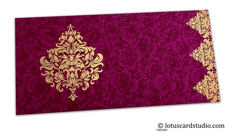 Magenta Flower Flocked Shagun Envelope with Golden Victorian Floral