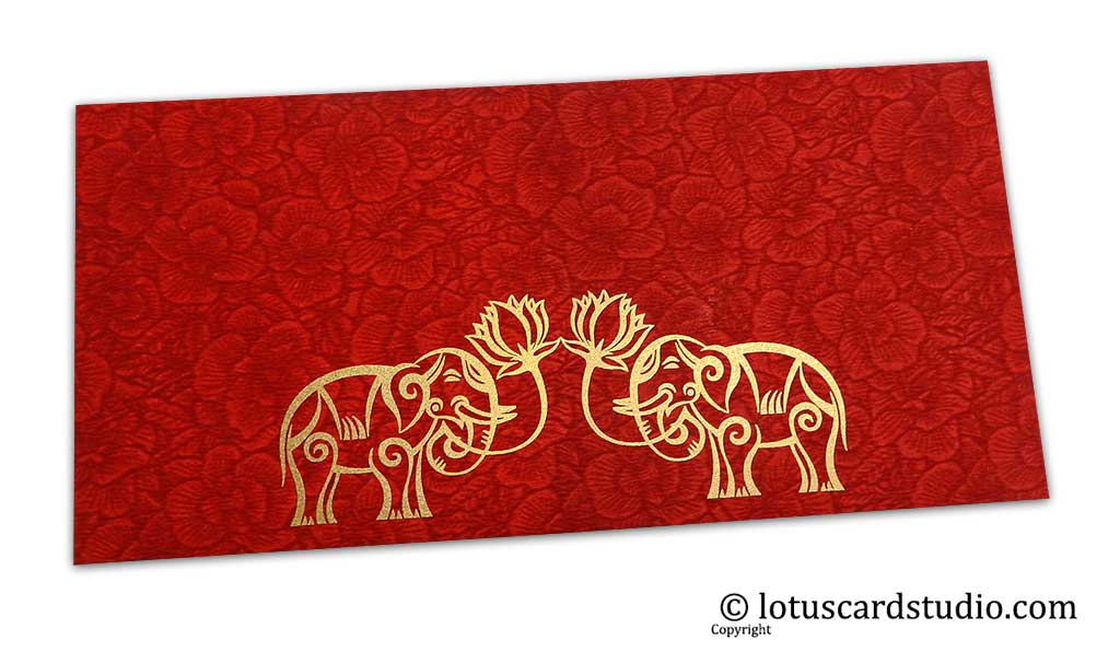 Red Flower Flocked Money Envelope with Golden Elephants