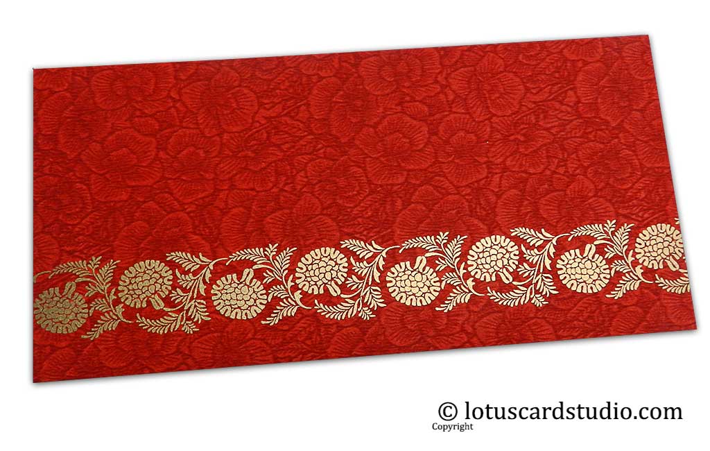 Red Flower Flocked Shagun Envelope with Golden Floral Vine