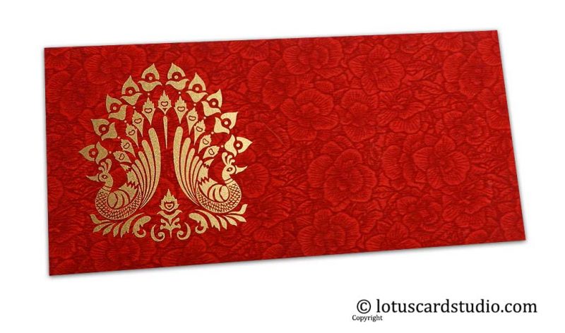 Red Flower Flocked Shagun Envelope with Golden Peacocks