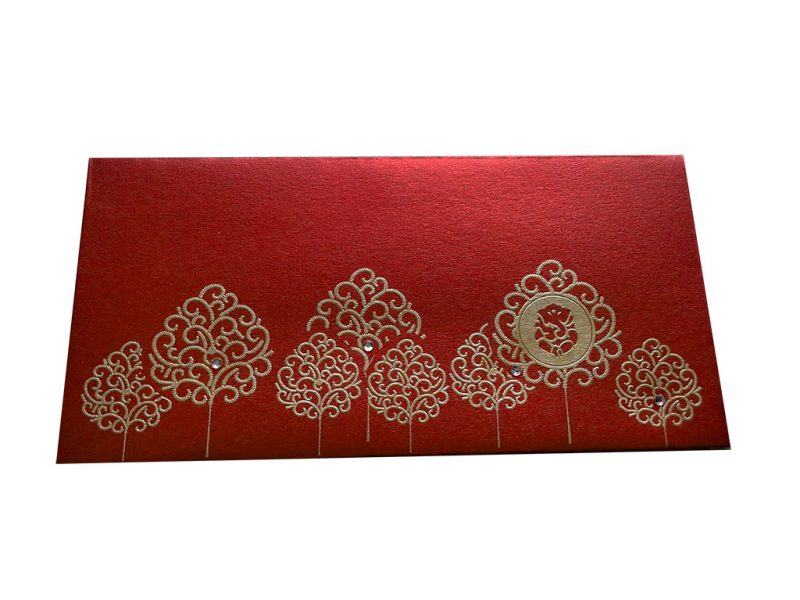 Ganpati and Trees Designer Shagun Envelope in Royal Red