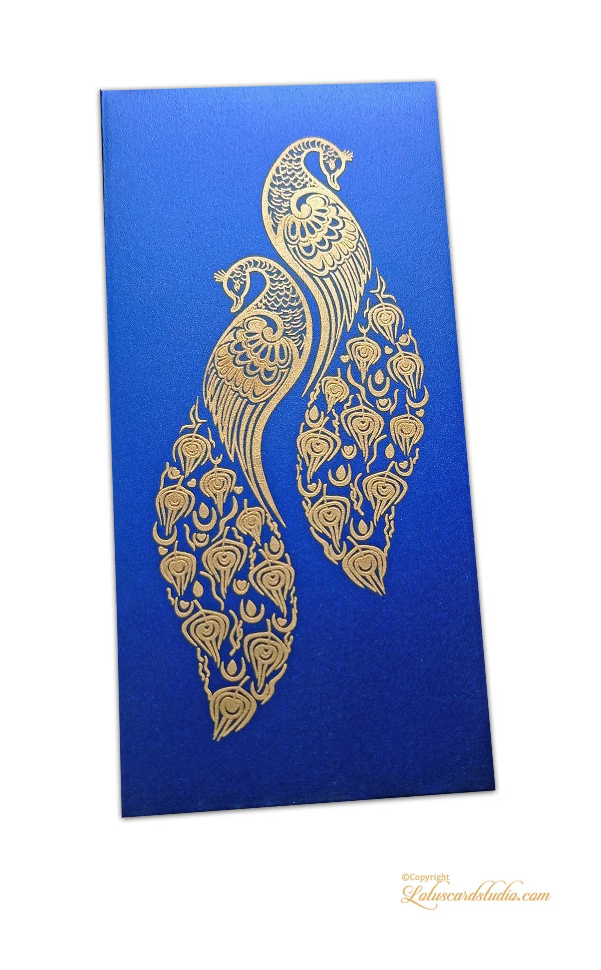 Shagun Envelope with Golden Peacocks on Imperial Blue Background