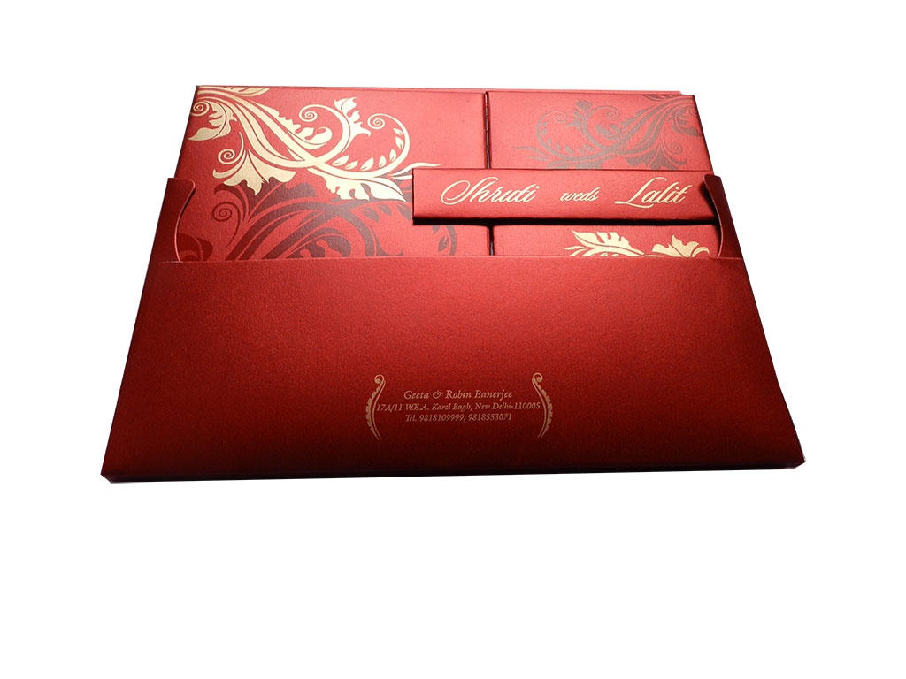 red magnet dazzling wedding card with golden flower design
