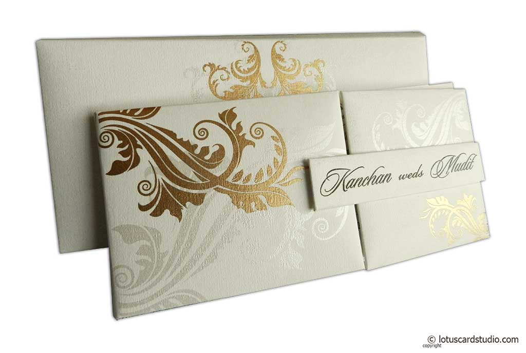 Ivory Magnetic Dazzling Wedding Invitation With Golden Flower Design