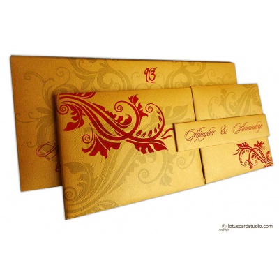 Golden Magnet Dazzling Wedding Invitation Card With Red Florals