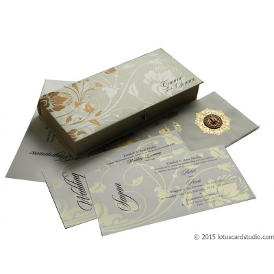 Indian Wedding Card In Royal Ivory Golden Theme Box