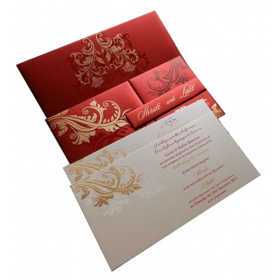 Red Magnet Dazzling Wedding Card With Golden Flower Design