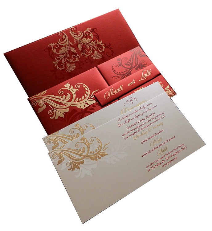 Red Magnet Dazzling Wedding Card with Golden Flower Design